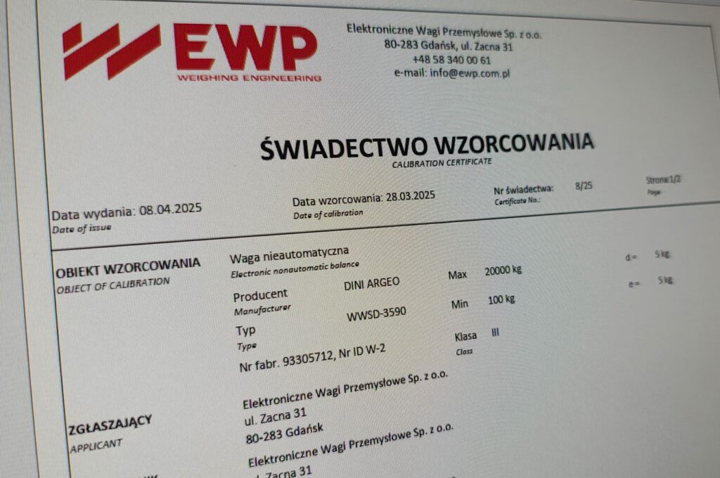 Świadectwo wzorcowania - EWP