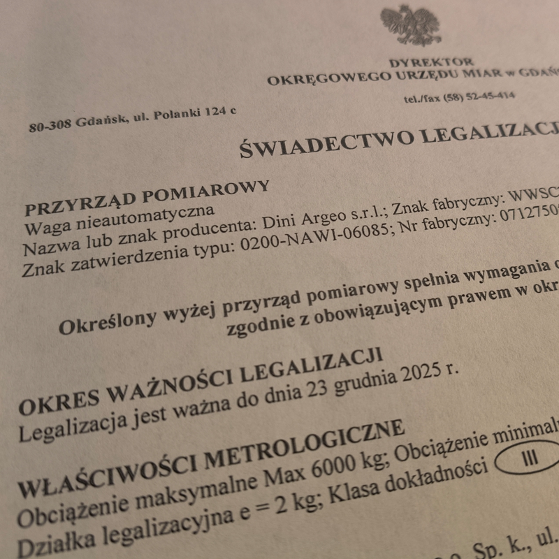 Świadectwo legalizacji wagi - EWP